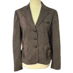Ann Taylor brown tweed blazer w leather buttons elbow patches sz 10 petite